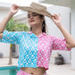 Yufta Pink And Blue Crop Top And Trouser Co Ord Set - Swadesiicart