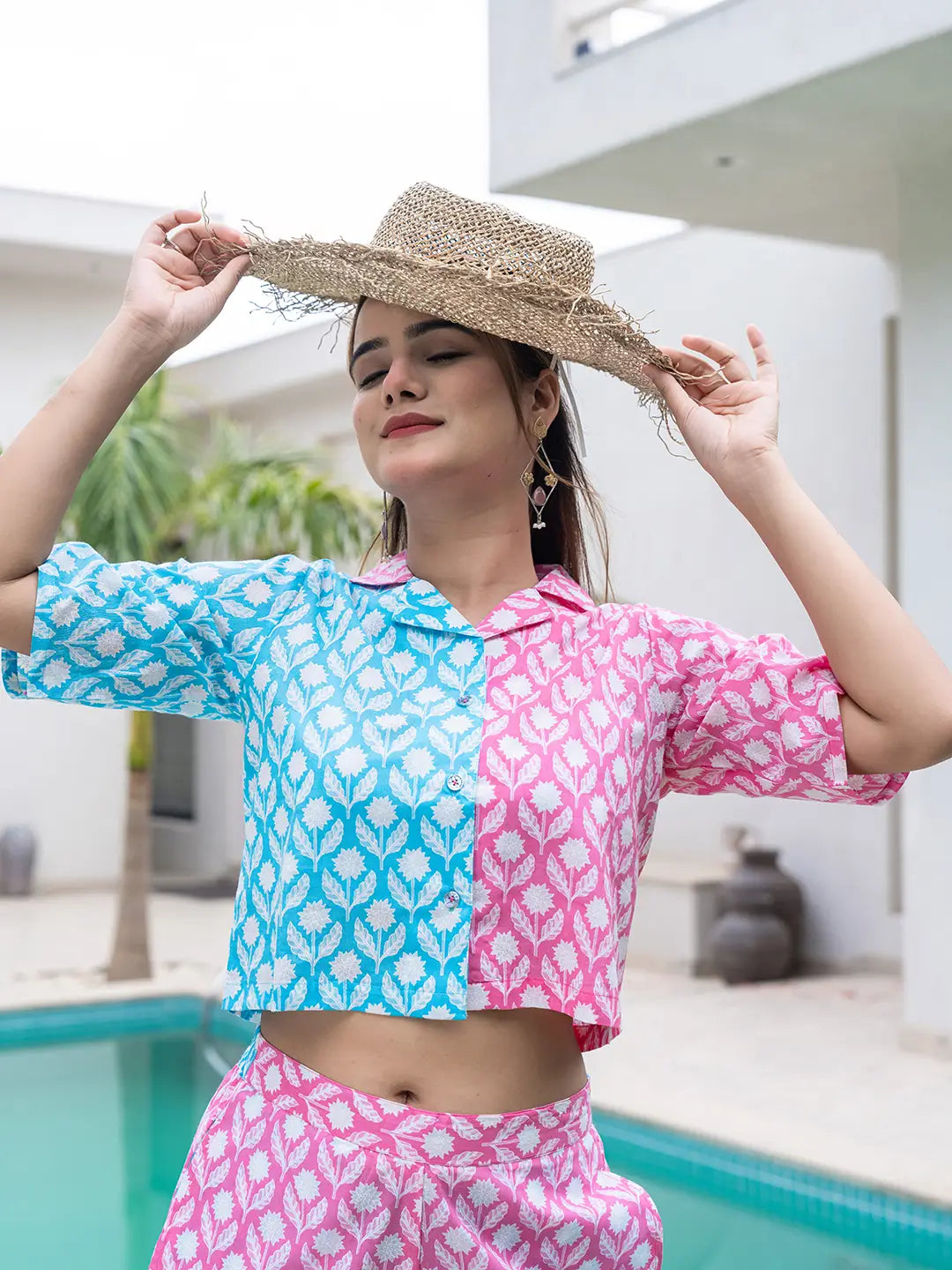 Yufta Pink And Blue Crop Top And Trouser Co Ord Set - Swadesiicart
