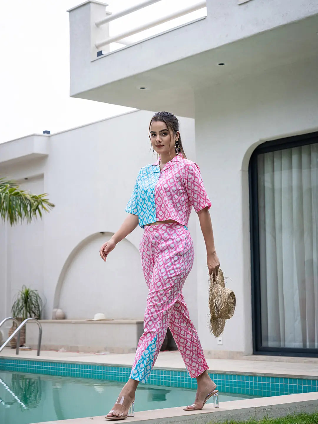 Yufta Pink And Blue Crop Top And Trouser Co Ord Set - Swadesiicart