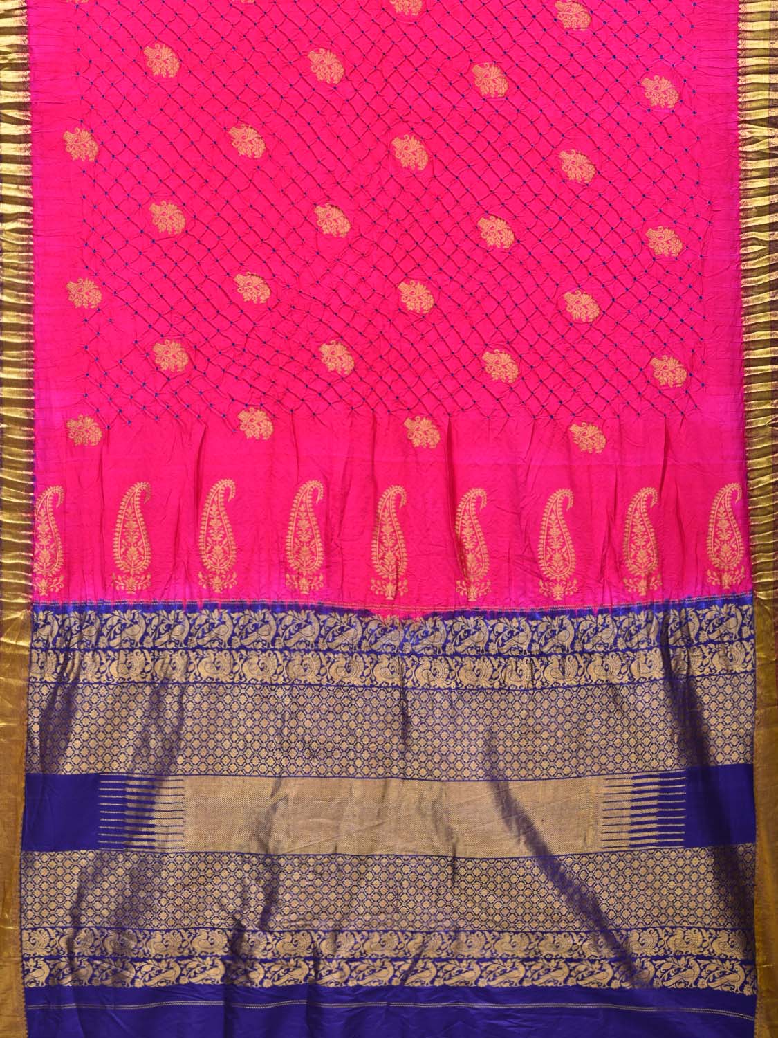 Pink and Dark Blue Bandhani Kanchipuram Silk Handloom Saree with Body Buta Design - Global Threads | Swadesiicart