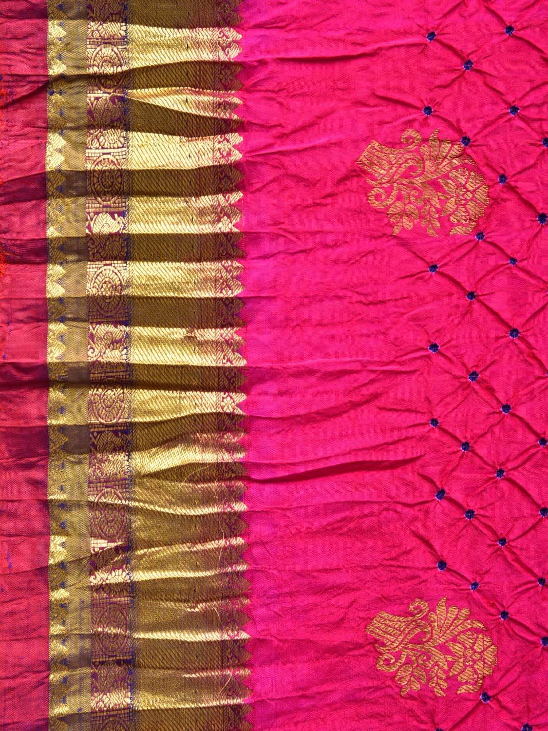 Pink and Dark Blue Bandhani Kanchipuram Silk Handloom Saree with Body Buta Design - Global Threads | Swadesiicart
