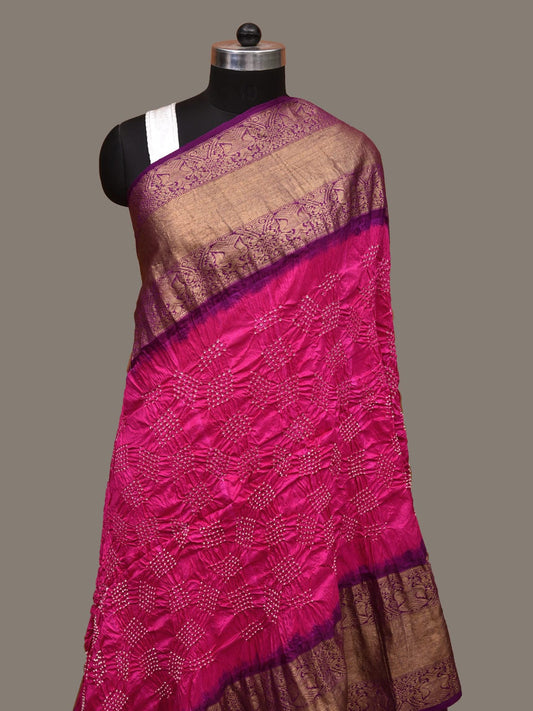 Pink and Purple Bandhani Kanchipuram Silk Handloom Dupatta with Border Design - Global Threads | Swadesiicart