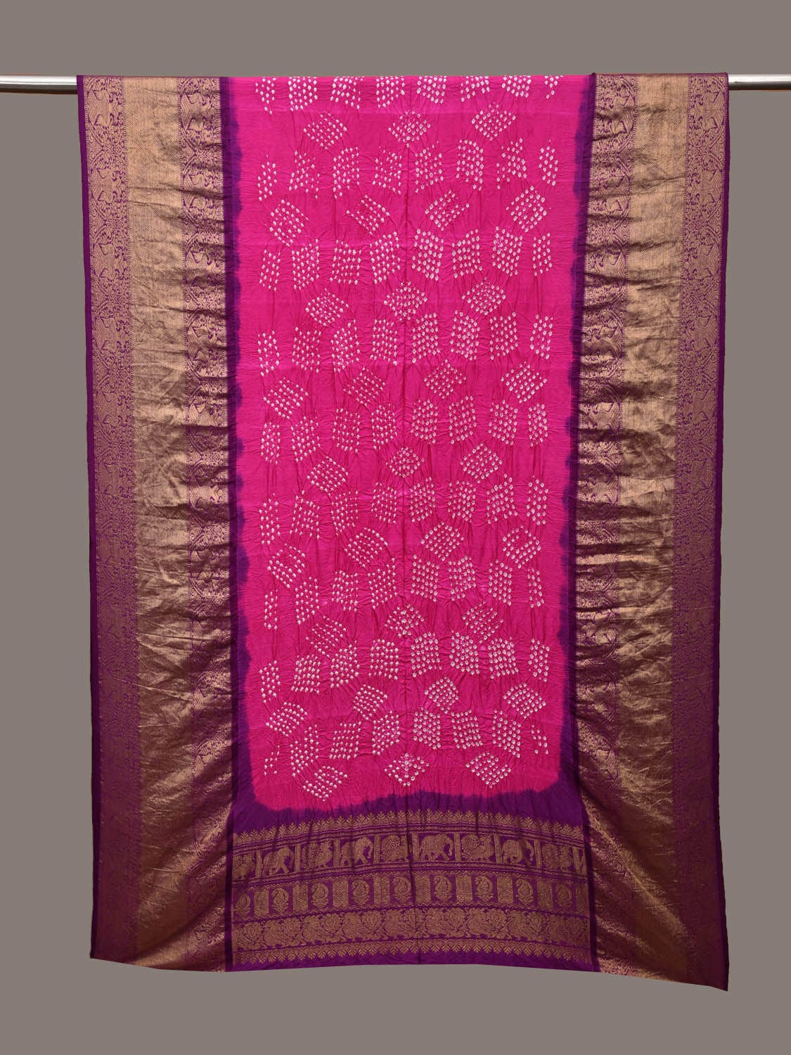 Pink and Purple Bandhani Kanchipuram Silk Handloom Dupatta with Border Design - Global Threads | Swadesiicart