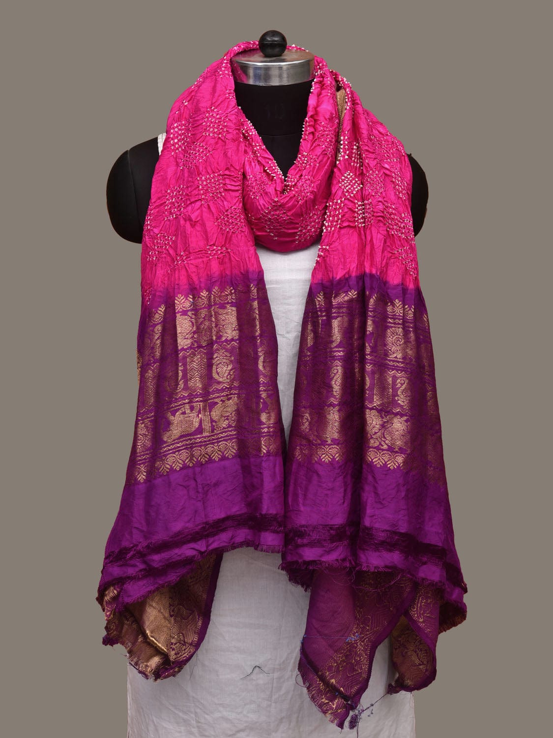 Pink and Purple Bandhani Kanchipuram Silk Handloom Dupatta with Border Design - Global Threads | Swadesiicart