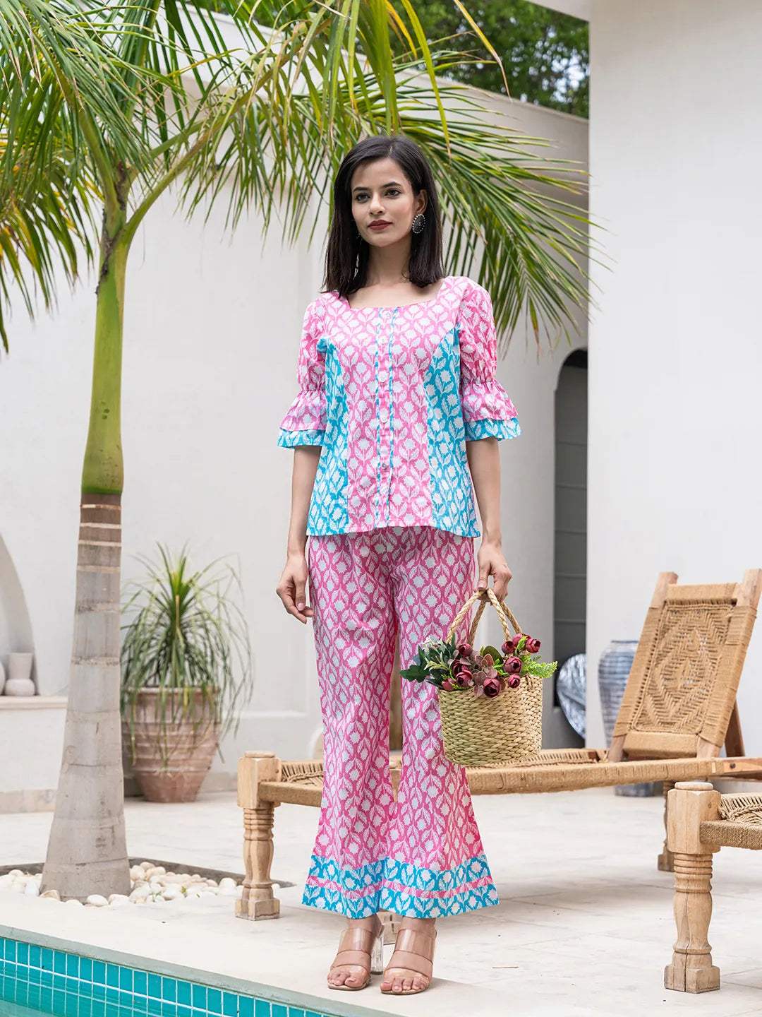 Yufta Pink & Sky Blue Colour Blocking Co Ord Set - Swadesiicart