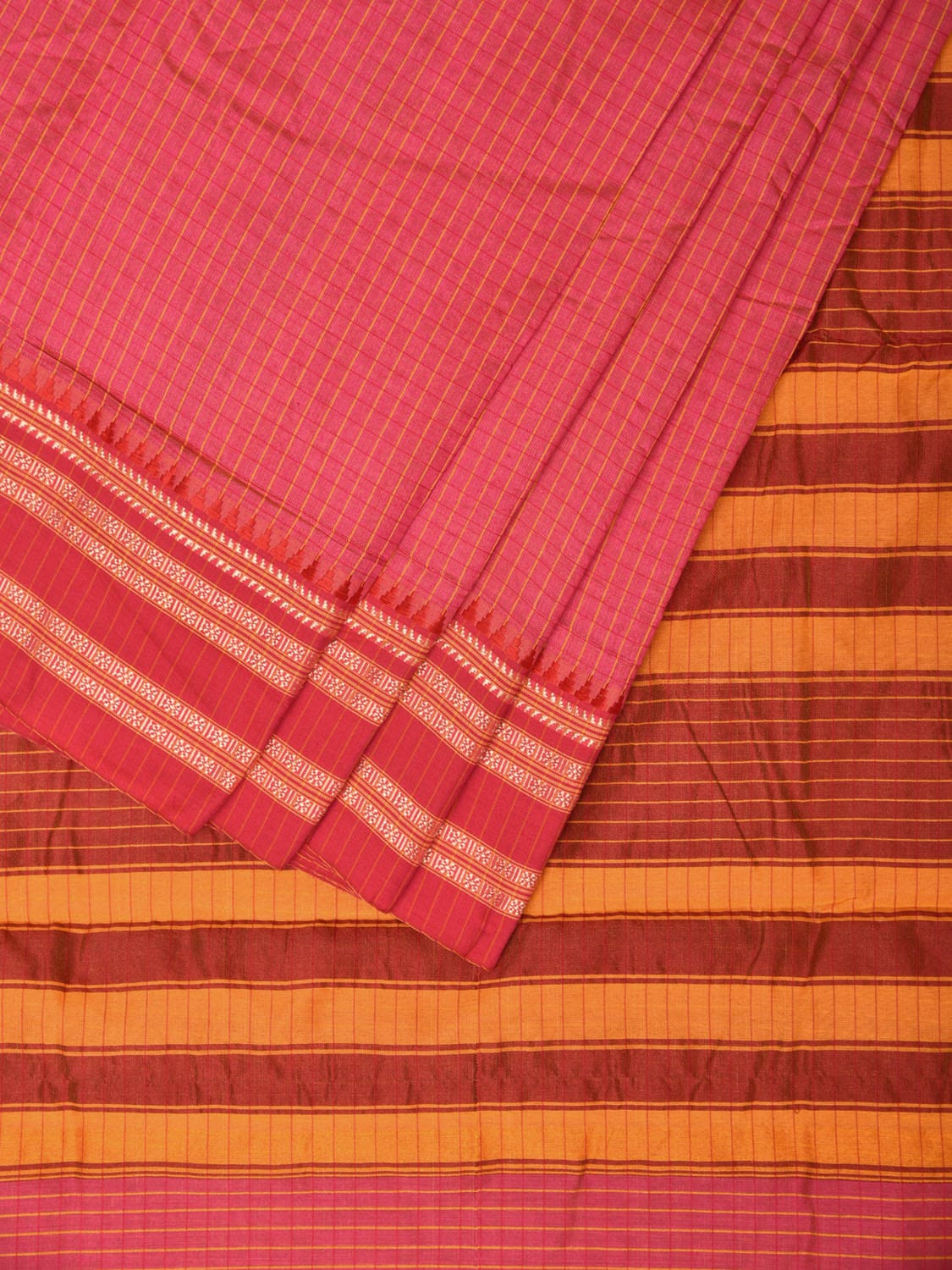 Pink Bamboo Cotton Saree with Checks Design No Blouse - Global Threads | Swadesiicart