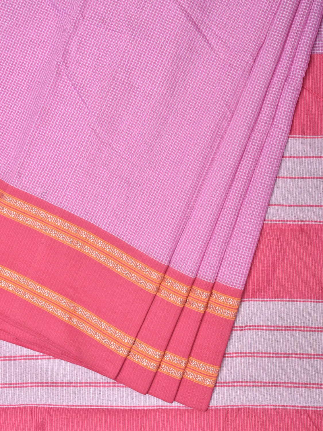 Pink Bamboo Cotton Saree with Small Checks Design No Blouse - Global Threads | Swadesiicart