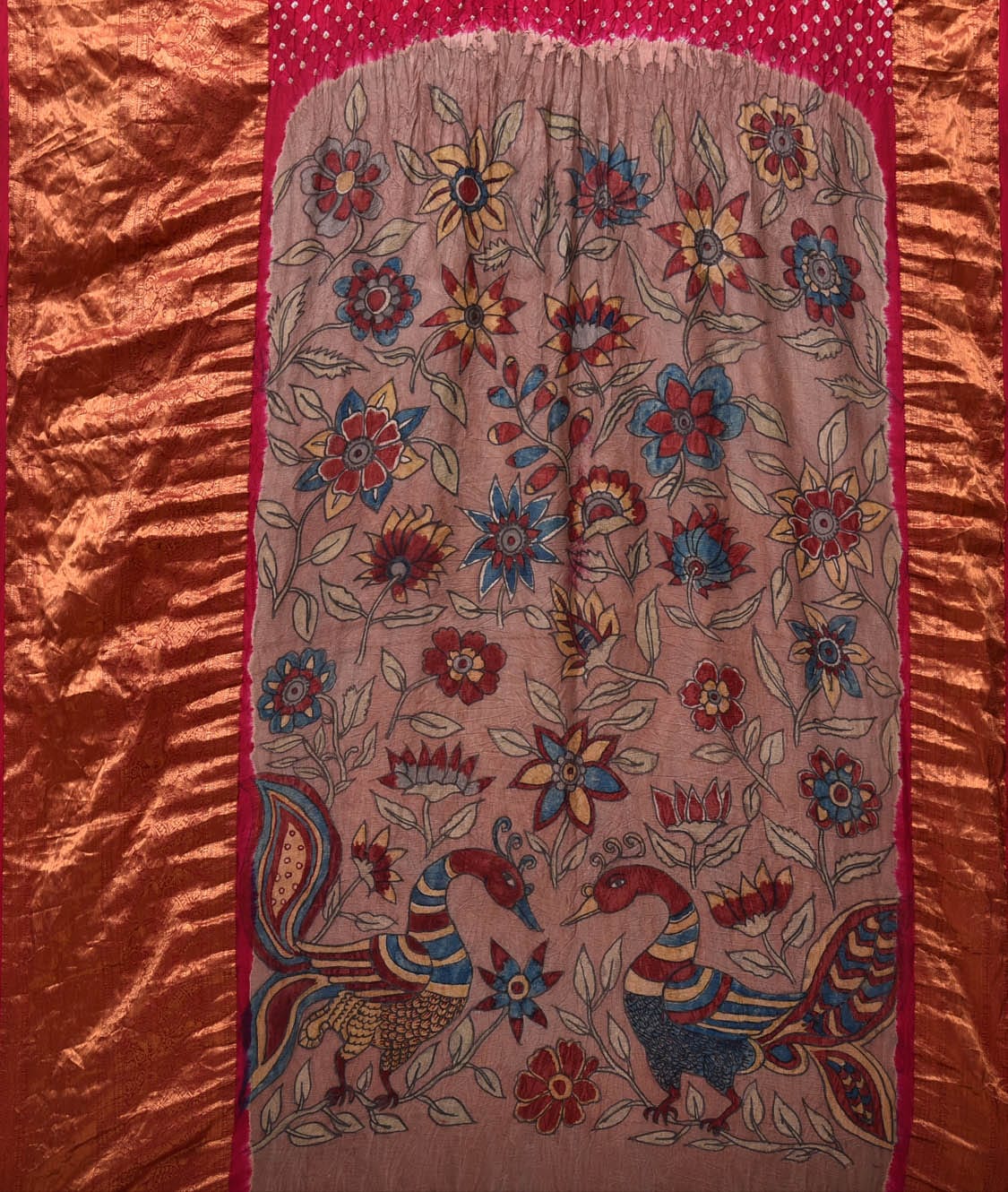 Pink Bandhani Kanchipuram Silk Handloom Saree with Kalamkari Pallu and Blouse Design - Global Threads | Swadesiicart