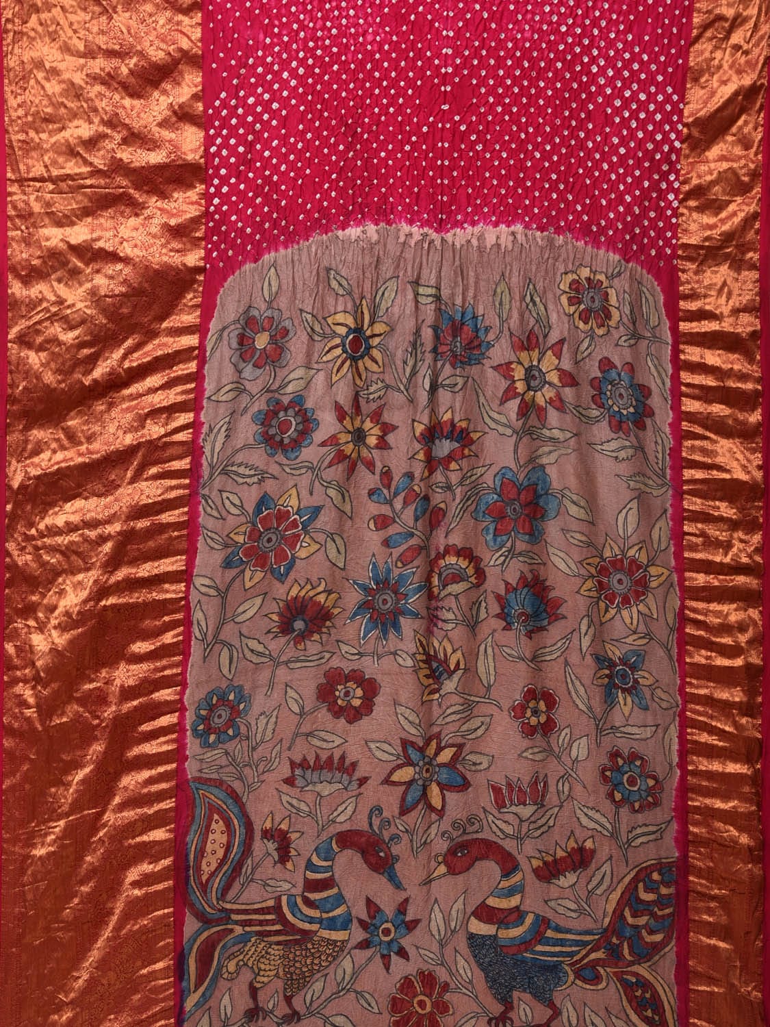 Pink Bandhani Kanchipuram Silk Handloom Saree with Kalamkari Pallu and Blouse Design - Global Threads | Swadesiicart