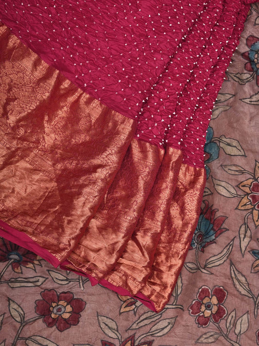 Pink Bandhani Kanchipuram Silk Handloom Saree with Kalamkari Pallu and Blouse Design - Global Threads | Swadesiicart
