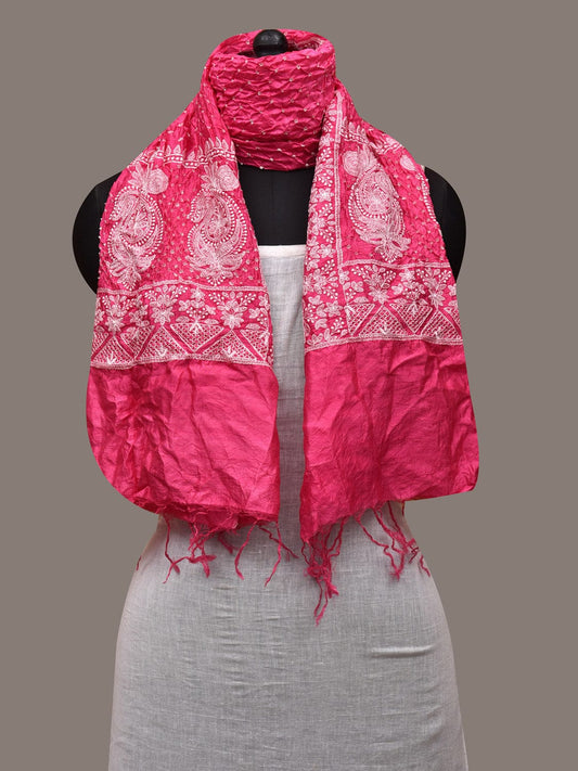 Pink Bandhani Silk Stole with Embroidary Work Design - Global Threads | Swadesiicart