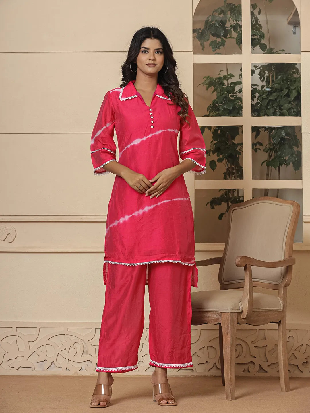 Yufta Pink Chanderi Silk Tie Dye Co-Ord Set - Swadesiicart