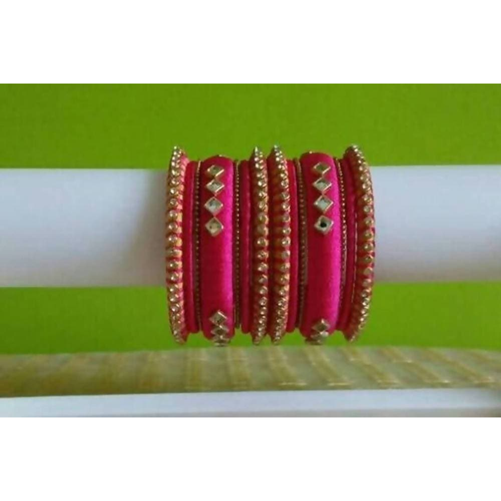 Pink Color with Diamond Shape Stone Silk Threaded Bangles Set of 2 - Madhu Collections