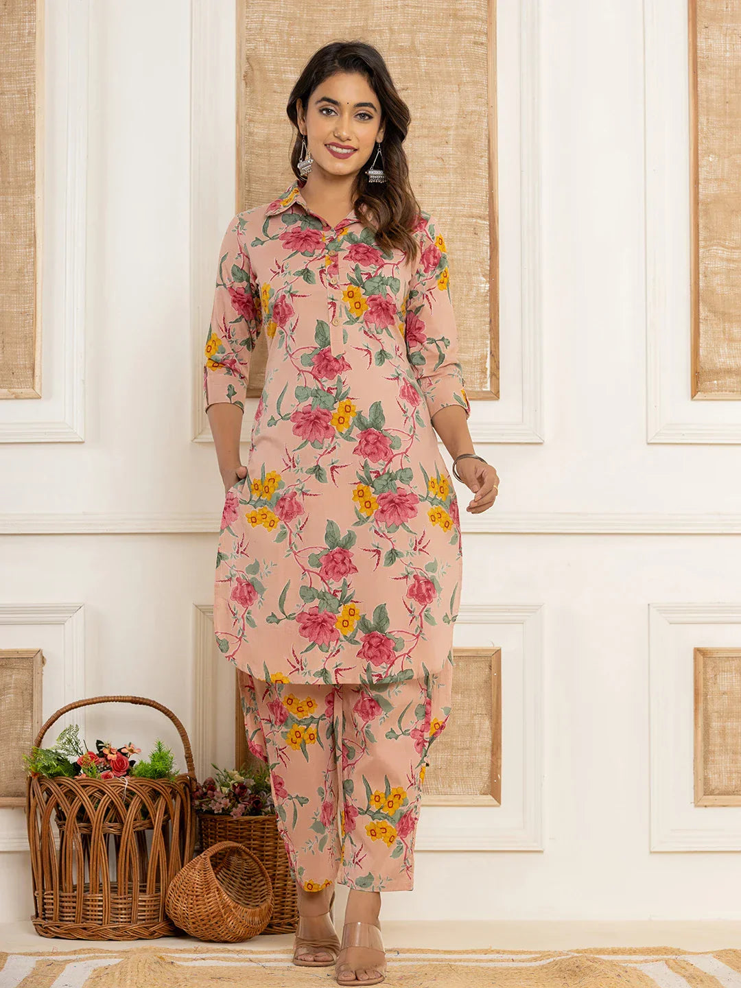 Yufta Pink Cotton Floral Print Striped Print Co-Ord Set - Swadesiicart