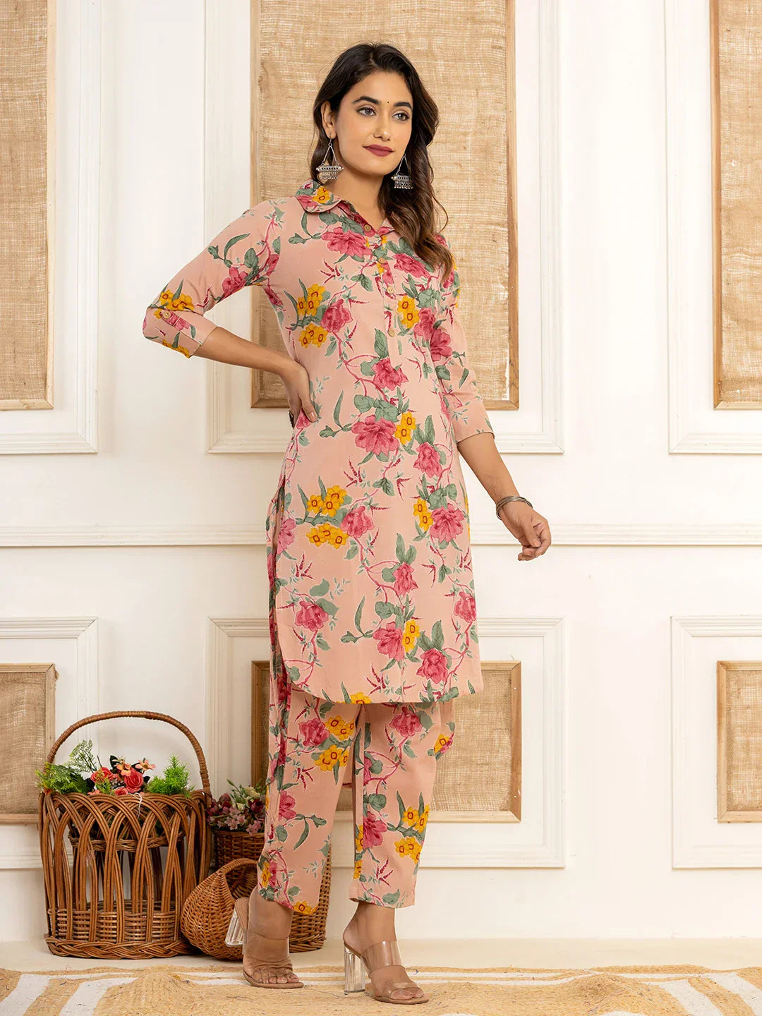 Yufta Pink Cotton Floral Print Striped Print Co-Ord Set - Swadesiicart