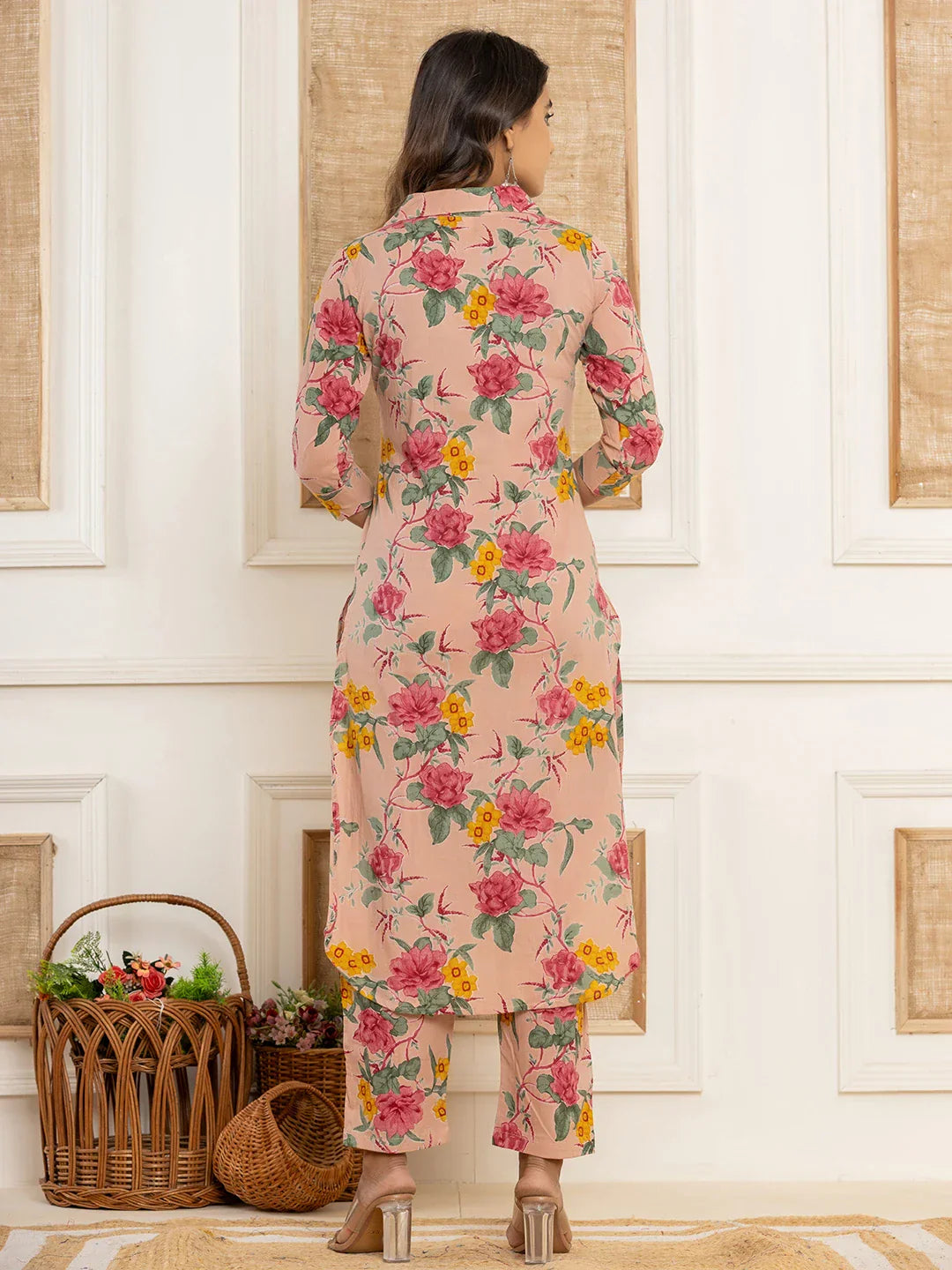 Yufta Pink Cotton Floral Print Striped Print Co-Ord Set - Swadesiicart