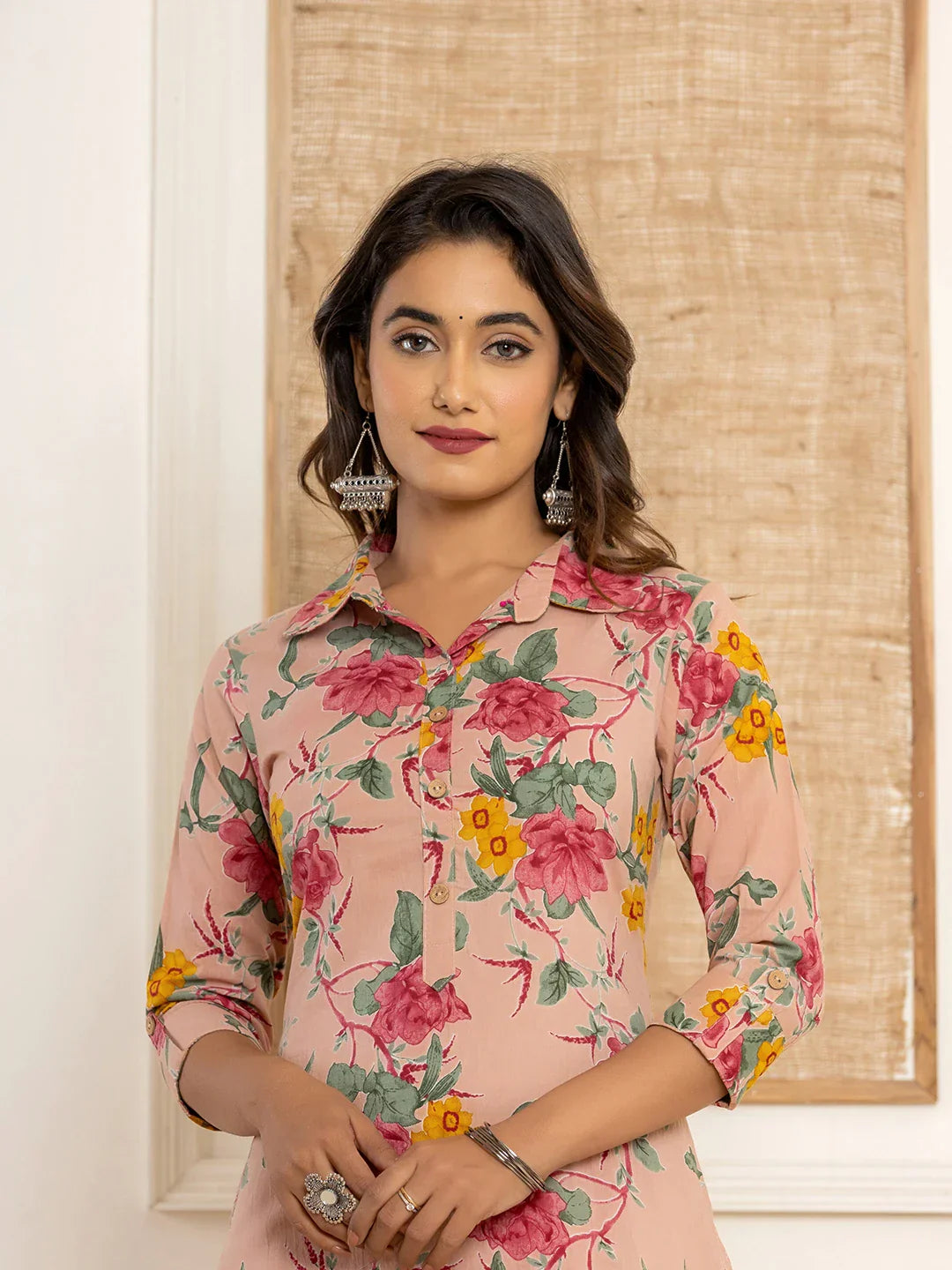 Yufta Pink Cotton Floral Print Striped Print Co-Ord Set - Swadesiicart