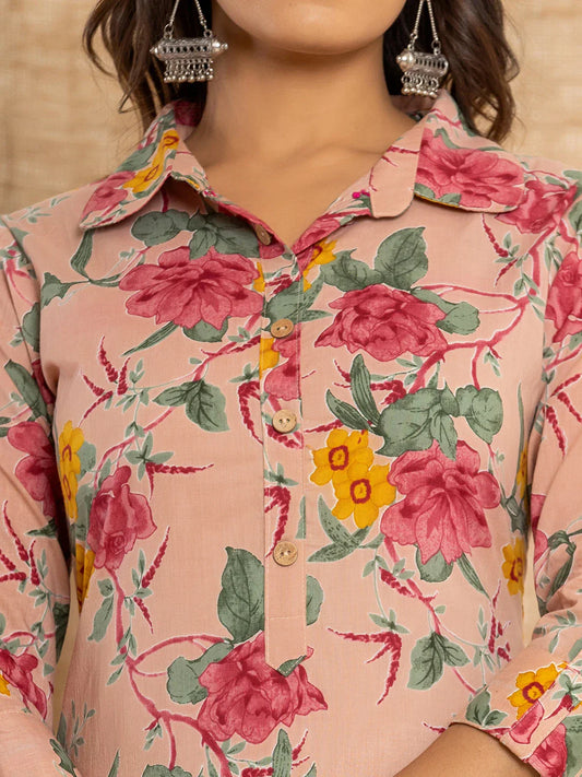 Yufta Pink Cotton Floral Print Striped Print Co-Ord Set - Swadesiicart