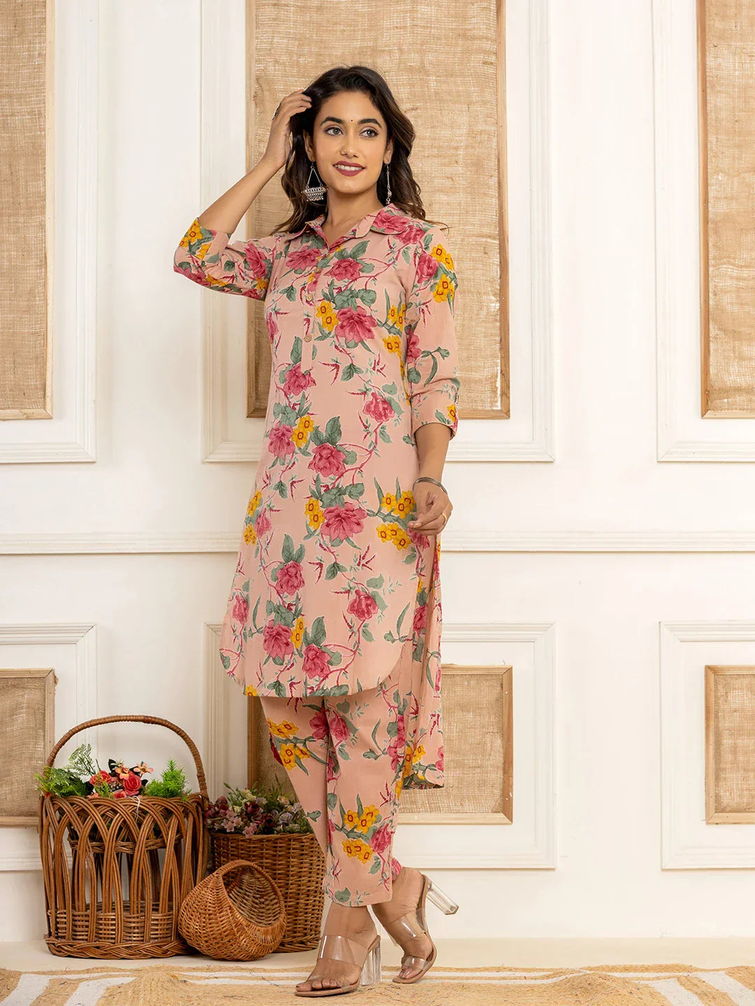 Yufta Pink Cotton Floral Print Striped Print Co-Ord Set - Swadesiicart