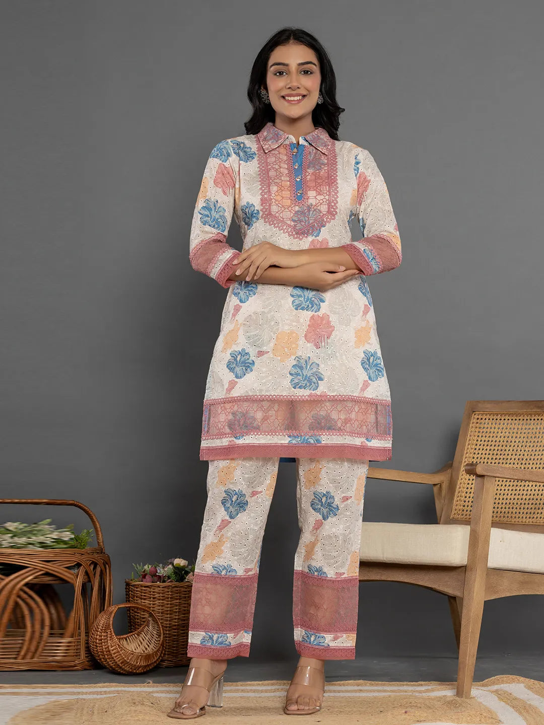 Yufta Pink Cotton Schiffli Co-Ord Set With Lace Detailing - Swadesiicart