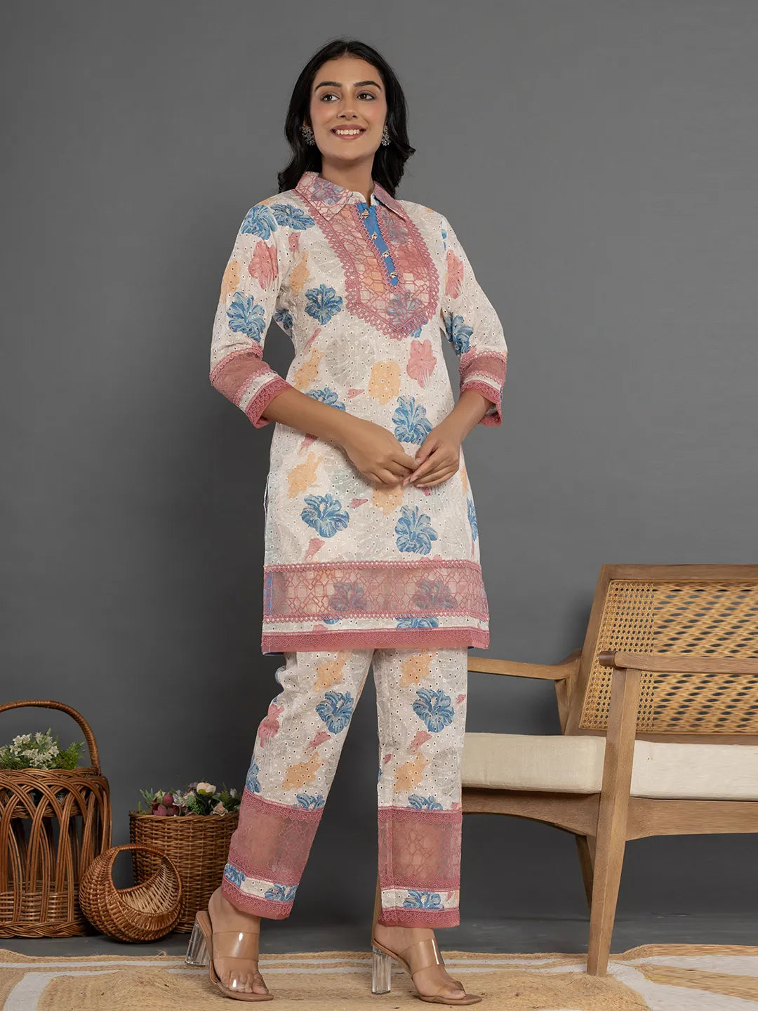 Yufta Pink Cotton Schiffli Co-Ord Set With Lace Detailing - Swadesiicart