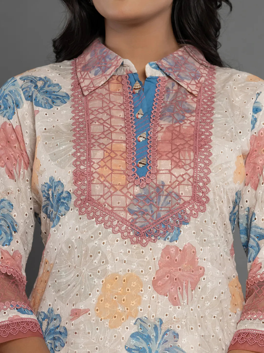 Yufta Pink Cotton Schiffli Co-Ord Set With Lace Detailing - Swadesiicart