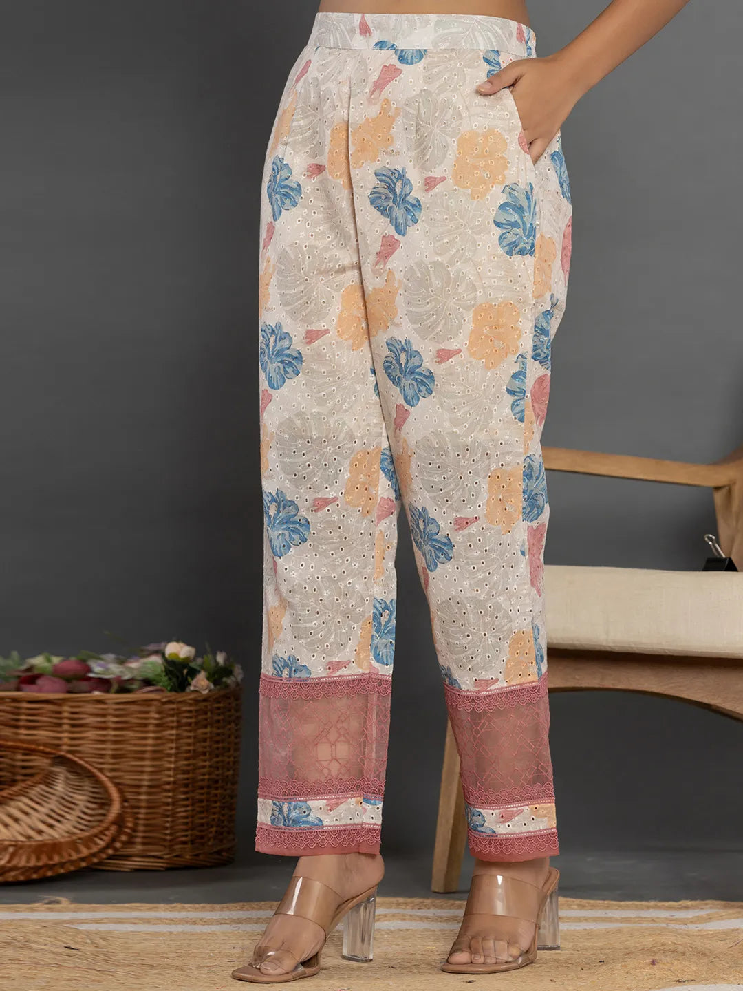 Yufta Pink Cotton Schiffli Co-Ord Set With Lace Detailing - Swadesiicart