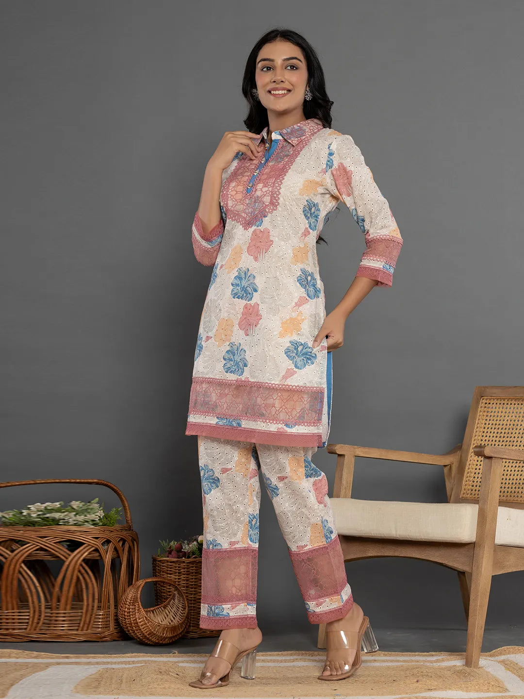 Yufta Pink Cotton Schiffli Co-Ord Set With Lace Detailing - Swadesiicart