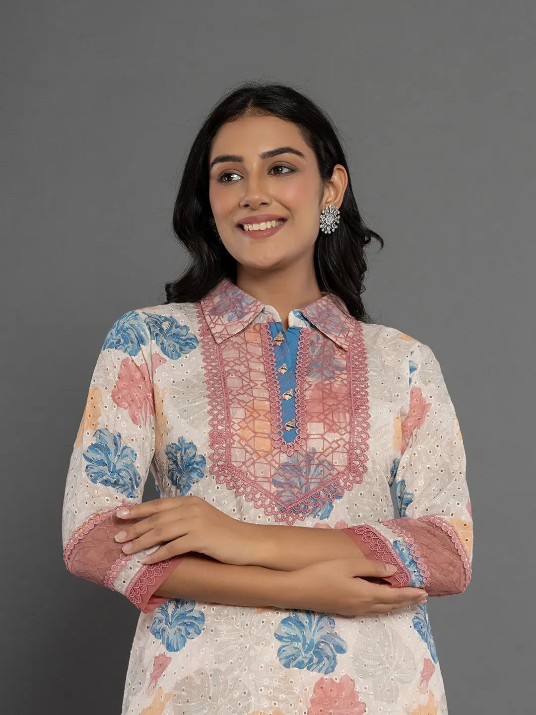 Yufta Pink Cotton Schiffli Co-Ord Set With Lace Detailing - Swadesiicart