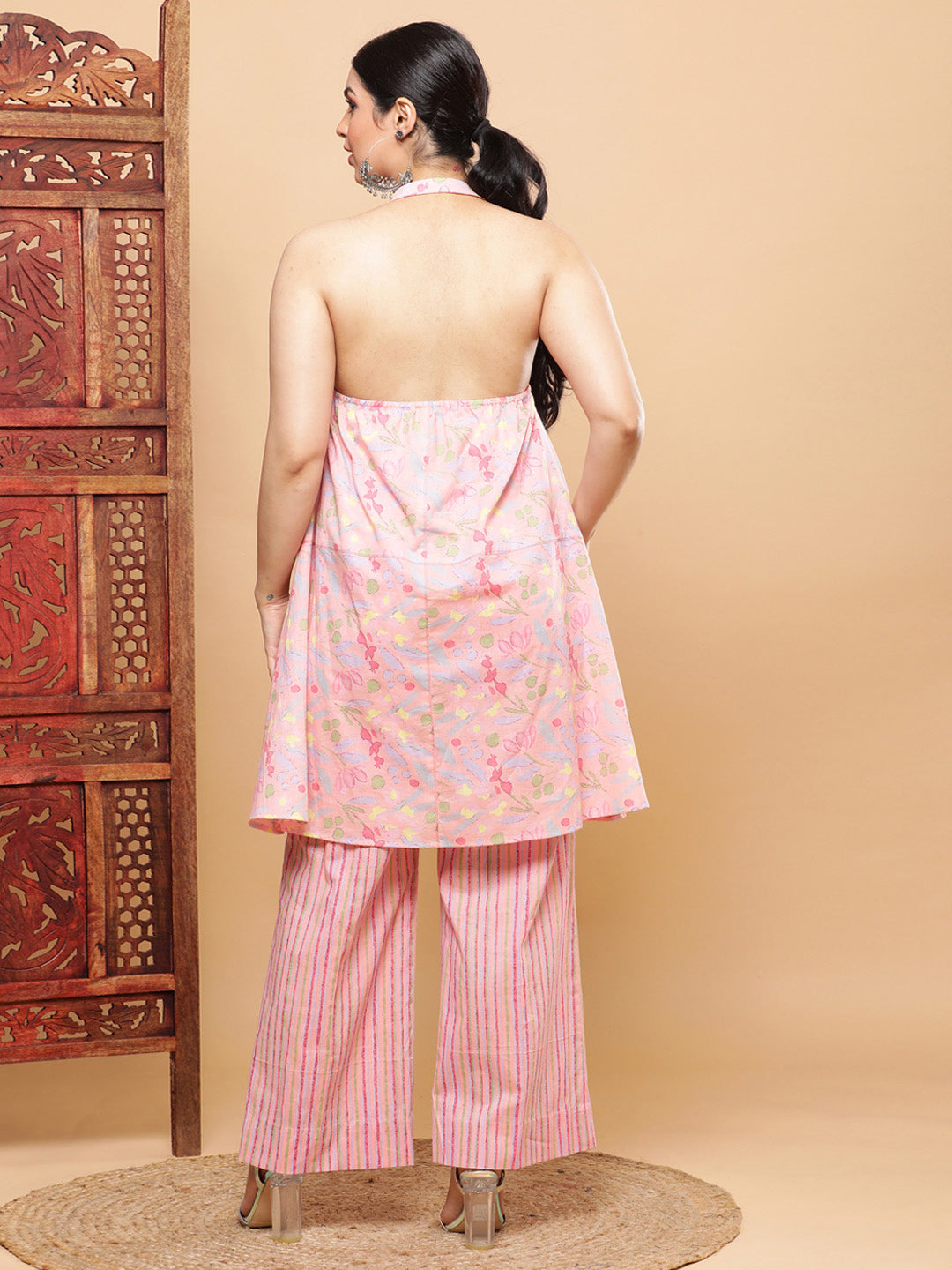BohoJazz Pink Vacay Halter Top with Comfort Pants Co-ord Set - Swadesiicart