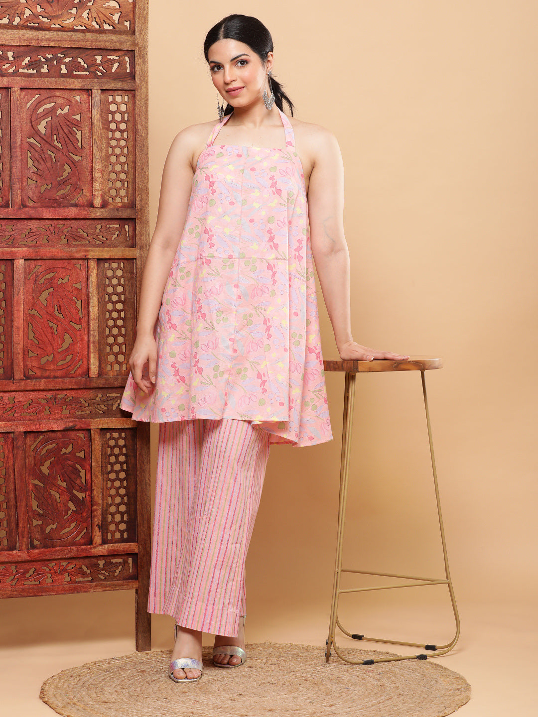 BohoJazz Pink Vacay Halter Top with Comfort Pants Co-ord Set - Swadesiicart