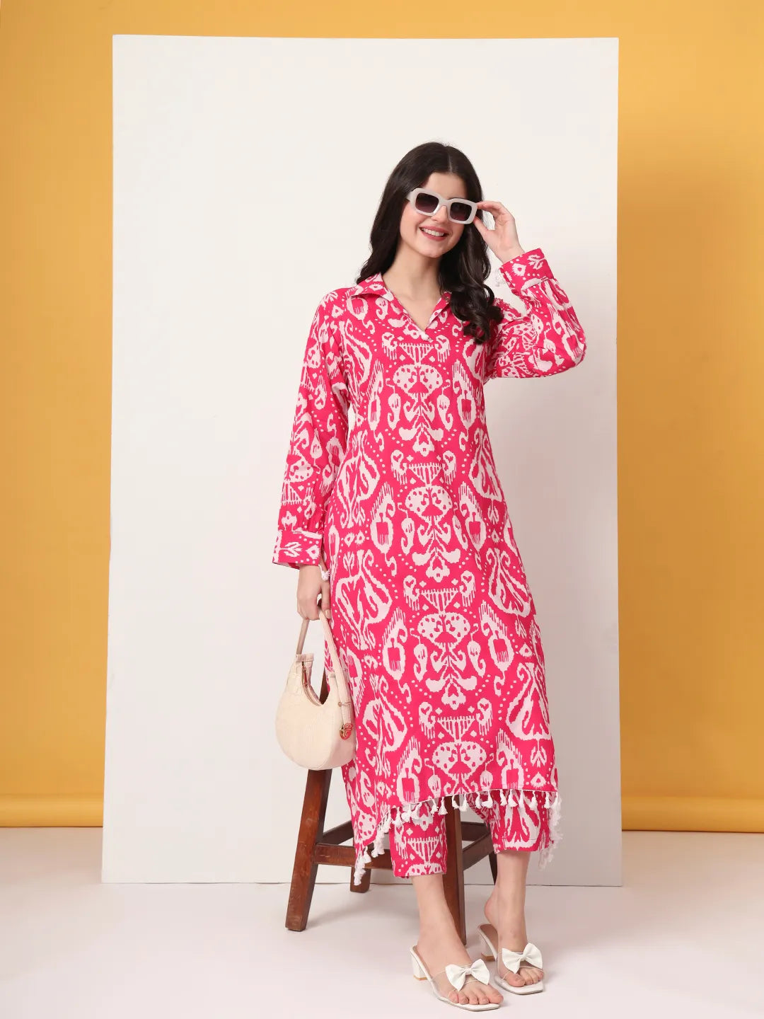 Yufta Pink Ikat Pure Cotton Cord Set - Swadesiicart
