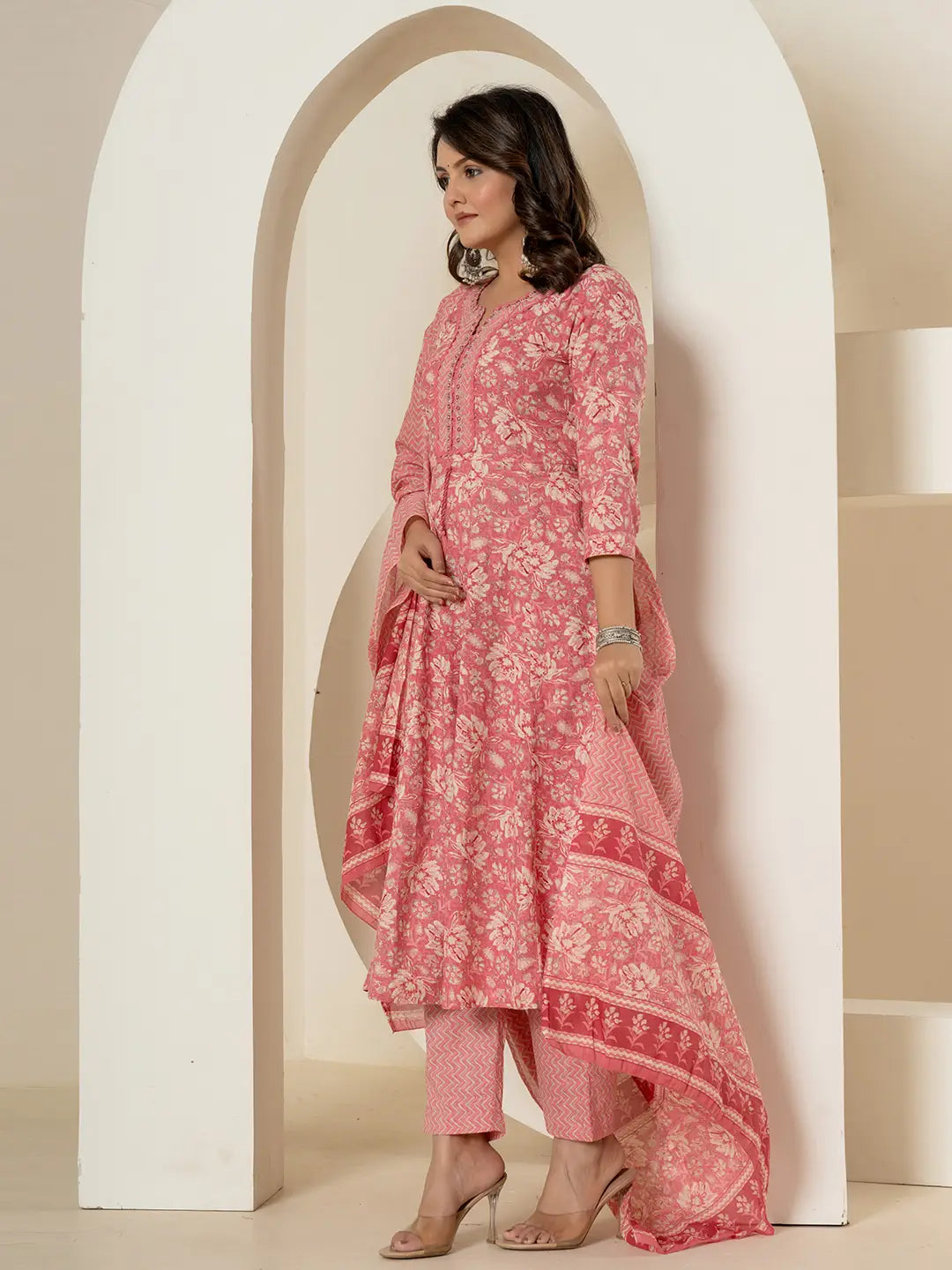 Yufta Pink Mirror_Work Cotton Anarkali Kurta Duppta Set - Swadesiicart