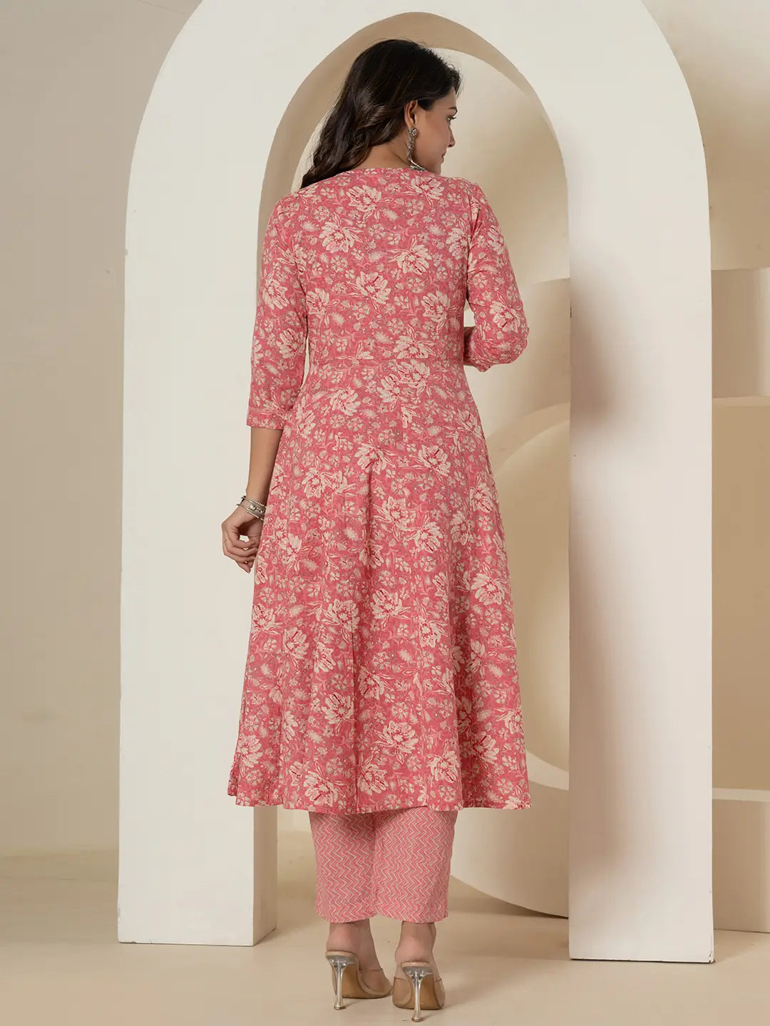 Yufta Pink Mirror_Work Cotton Anarkali Kurta Duppta Set - Swadesiicart