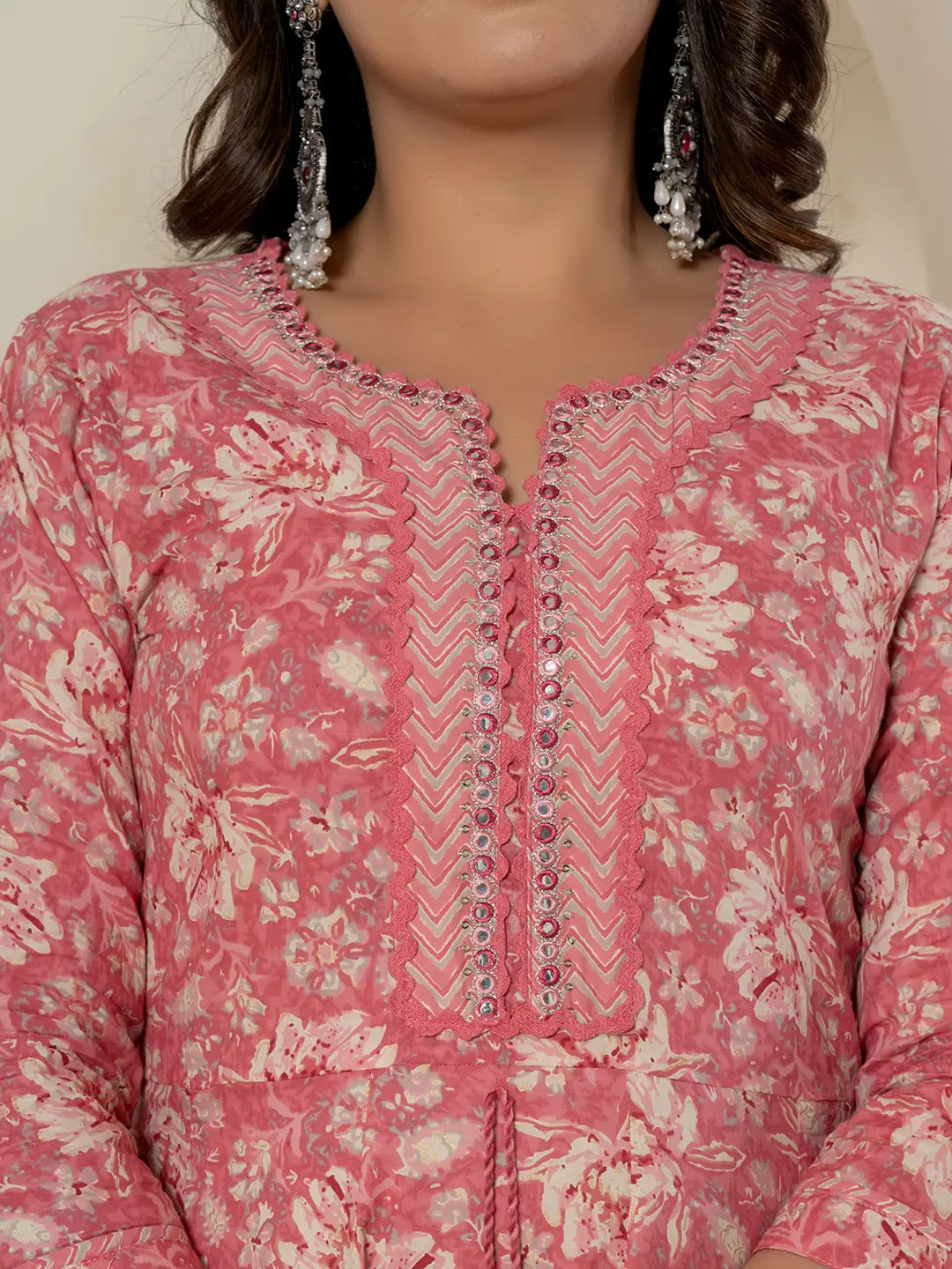 Yufta Pink Mirror_Work Cotton Anarkali Kurta Duppta Set - Swadesiicart