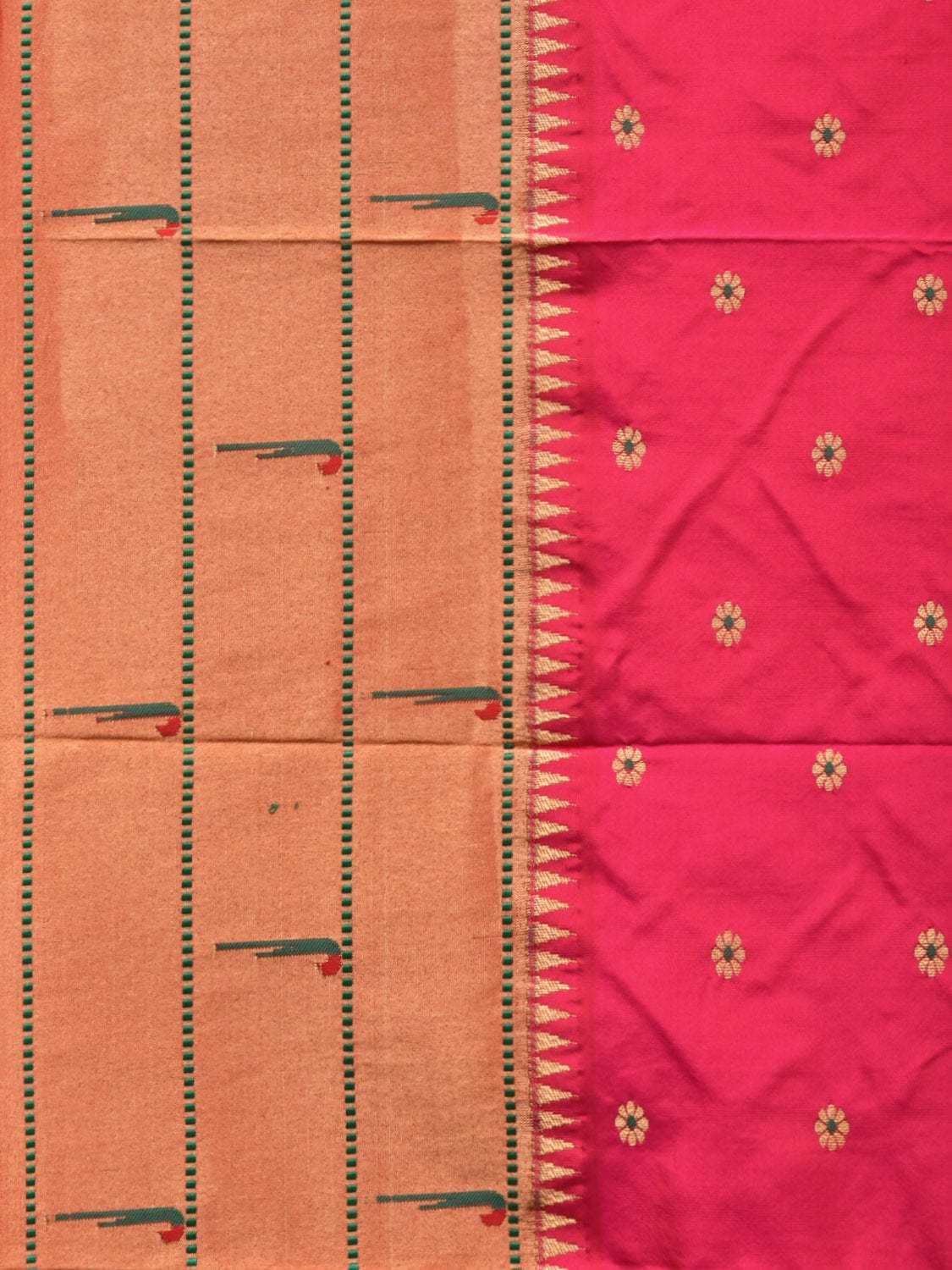 Pink Paithani Silk Handloom Saree with Triple Muniya Border Design - Global Threads | Swadesiicart