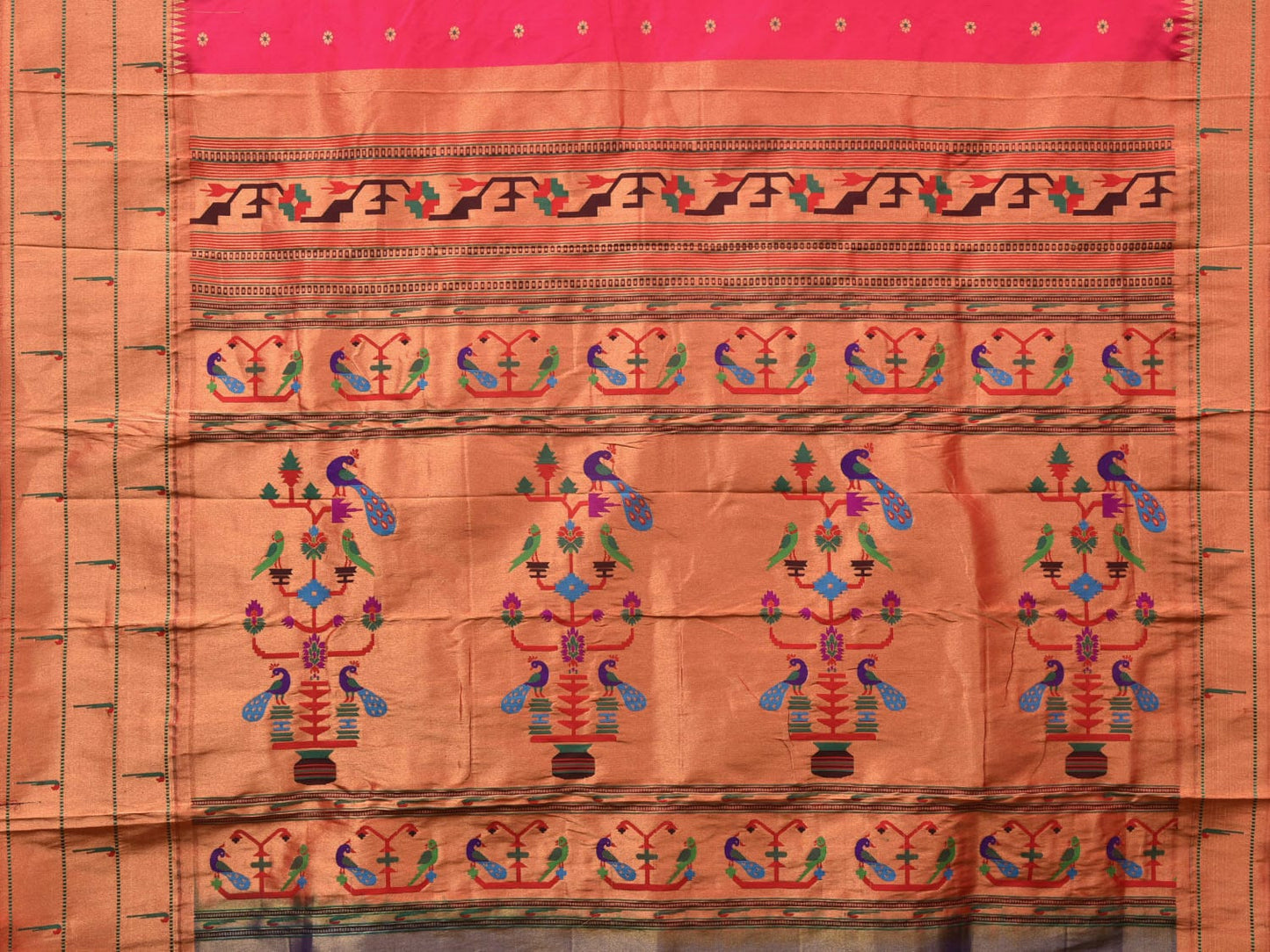 Pink Paithani Silk Handloom Saree with Triple Muniya Border Design - Global Threads | Swadesiicart