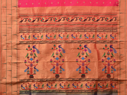 Pink Paithani Silk Handloom Saree with Triple Muniya Border Design - Global Threads | Swadesiicart
