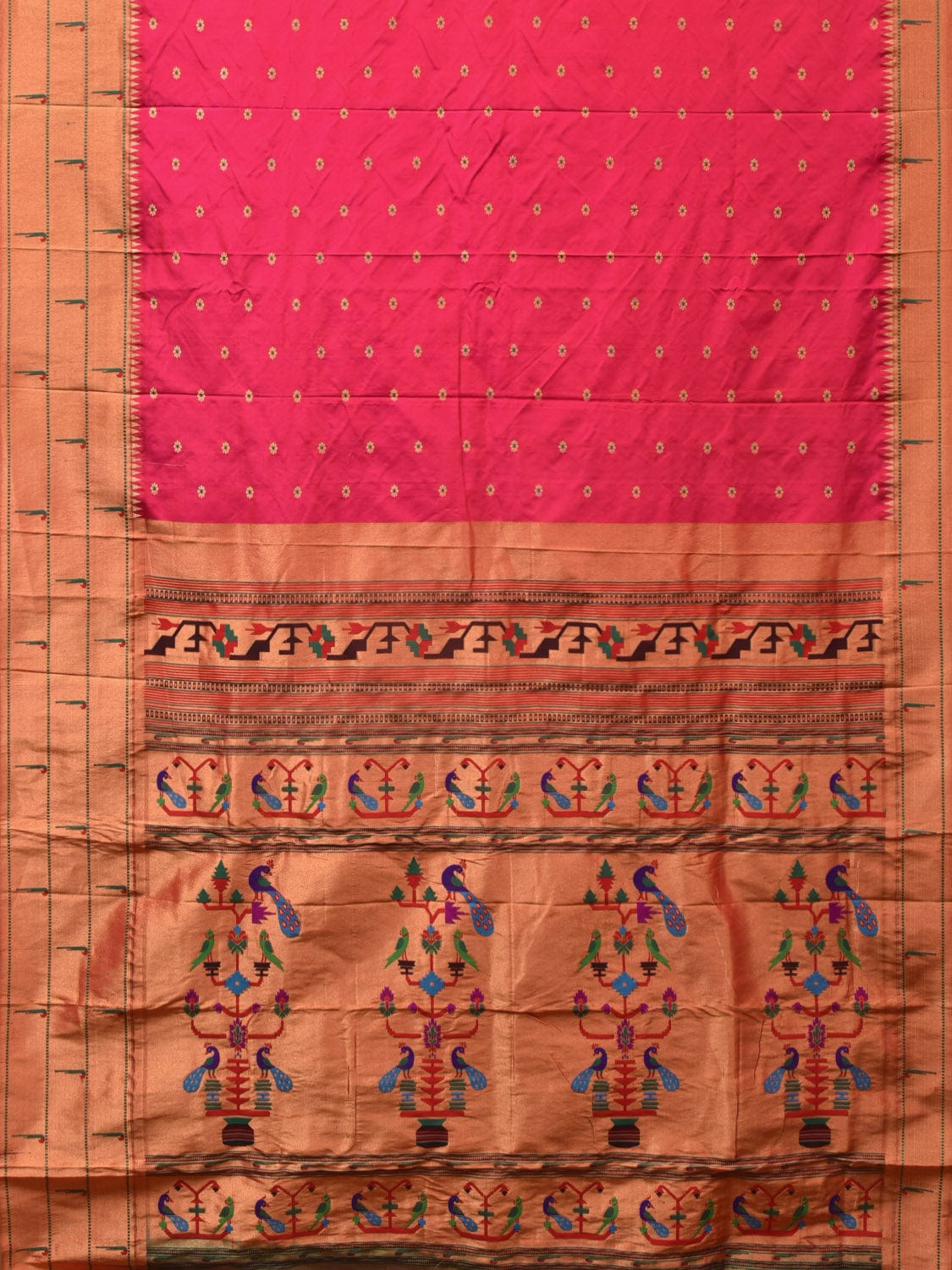Pink Paithani Silk Handloom Saree with Triple Muniya Border Design - Global Threads | Swadesiicart