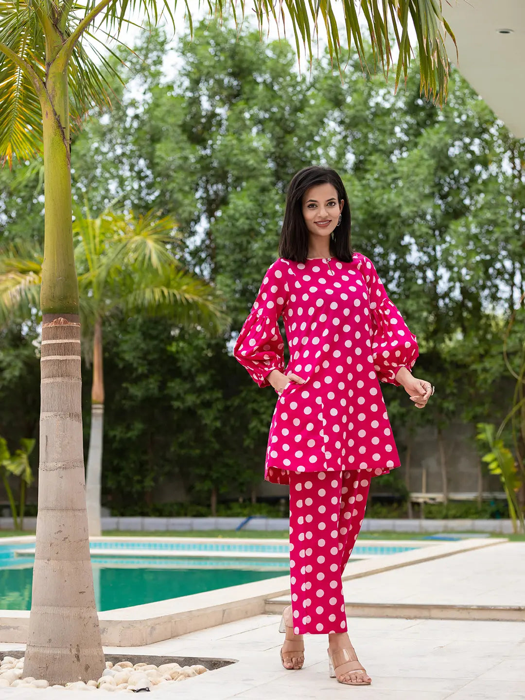 Yufta Pink Polka Dot Print Top And Trouser Co Ord Set - Swadesiicart