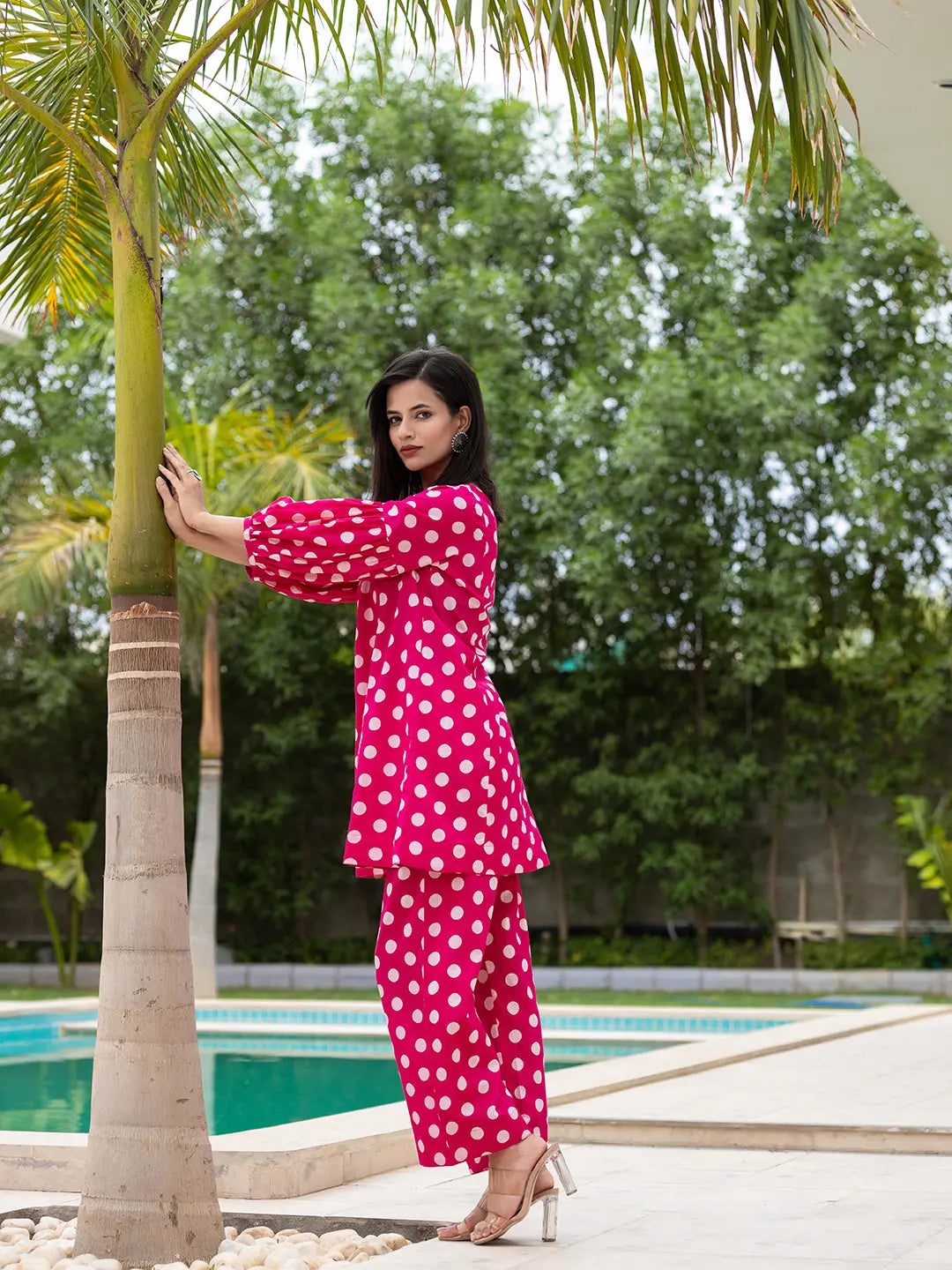 Yufta Pink Polka Dot Print Top And Trouser Co Ord Set - Swadesiicart
