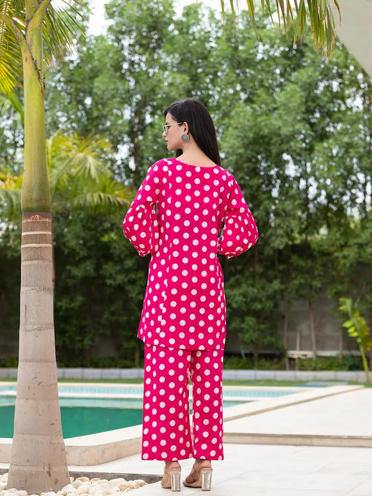 Yufta Pink Polka Dot Print Top And Trouser Co Ord Set - Swadesiicart