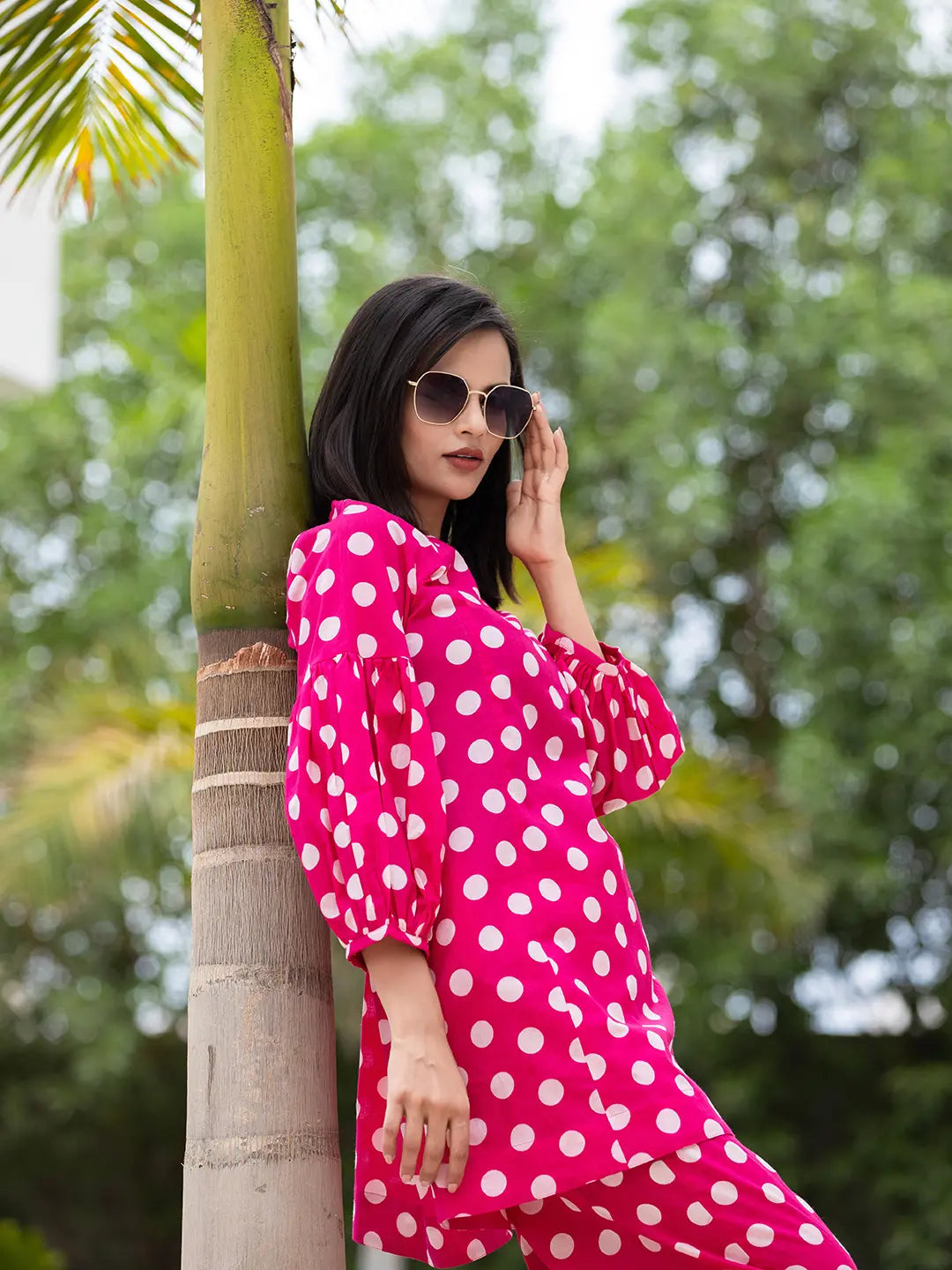 Yufta Pink Polka Dot Print Top And Trouser Co Ord Set - Swadesiicart