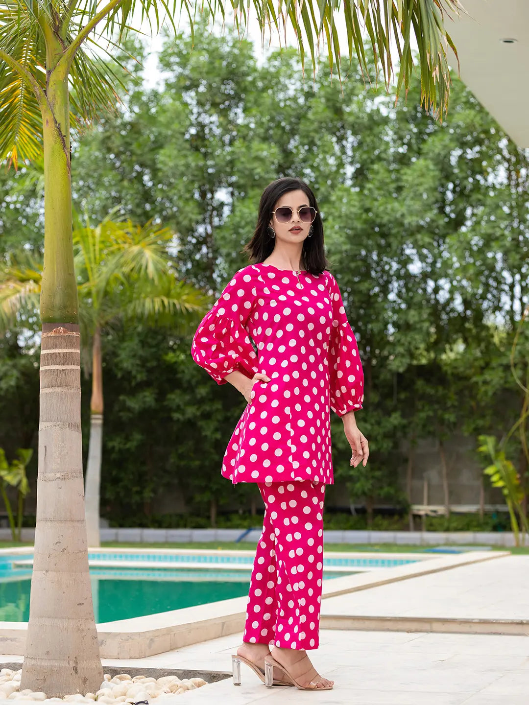 Yufta Pink Polka Dot Print Top And Trouser Co Ord Set - Swadesiicart