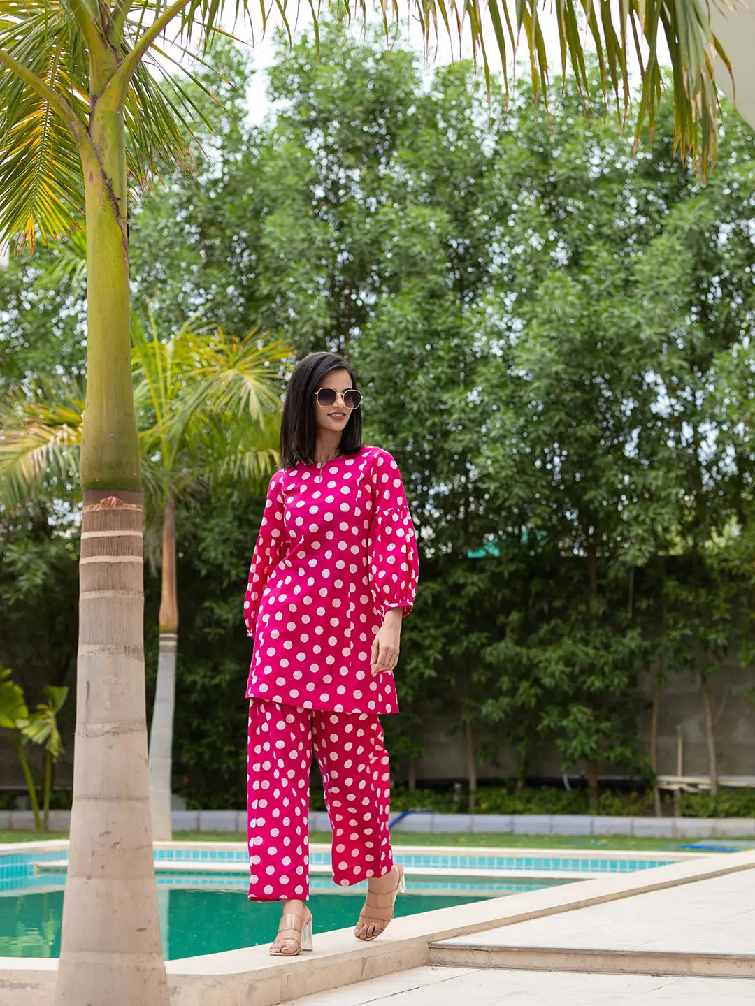 Yufta Pink Polka Dot Print Top And Trouser Co Ord Set - Swadesiicart