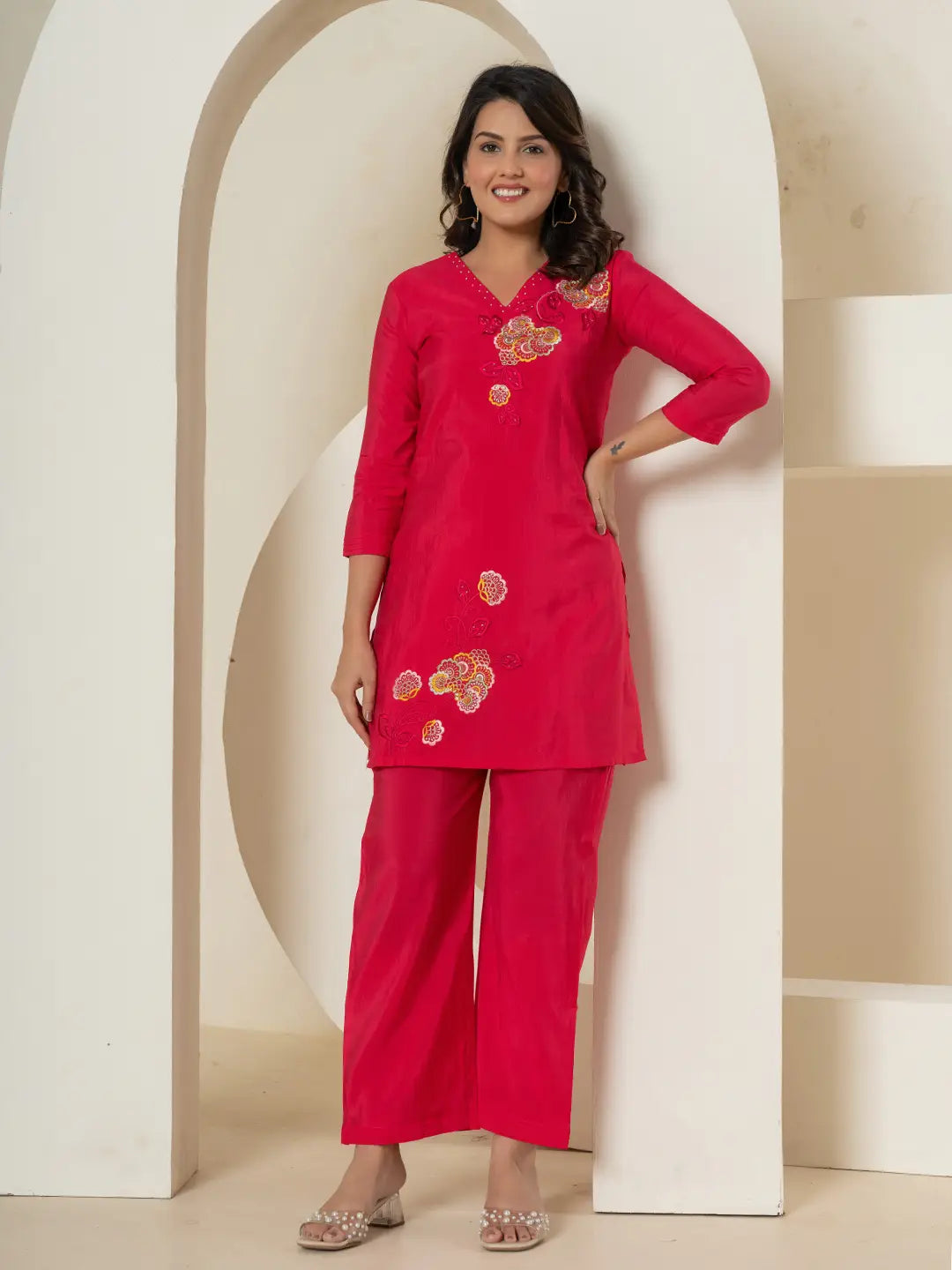 Yufta Pink Thread_Work Shirt And Palazzo Silk Blend Co-Ord Set - Swadesiicart
