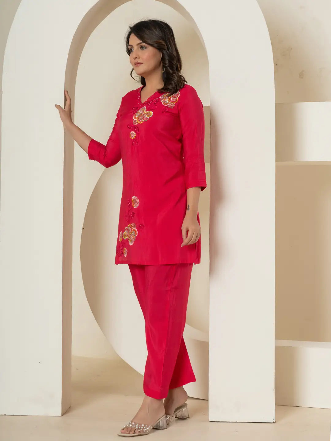 Yufta Pink Thread_Work Shirt And Palazzo Silk Blend Co-Ord Set - Swadesiicart