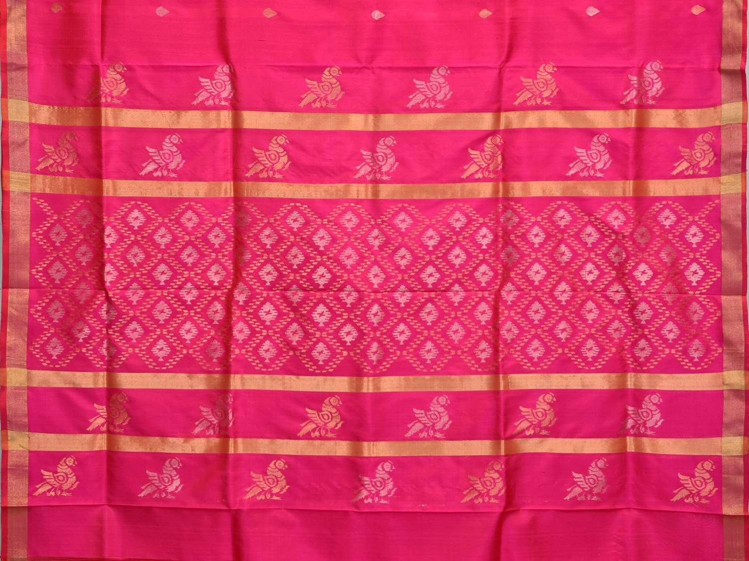Pink Uppada Silk Handloom Saree with Birds and Jamdani Pallu Design - Global Threads | Swadesiicart