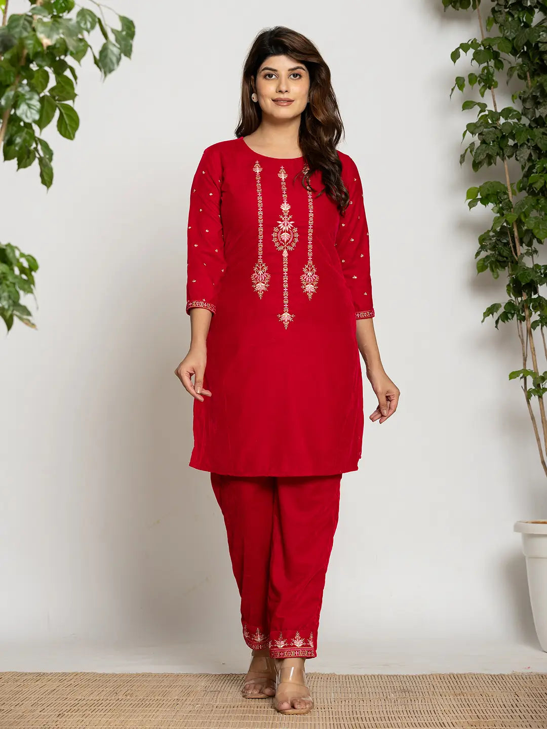 Yufta Pink Velvet Embroidered Co-Ord Set With Cotton Lining - Swadesiicart