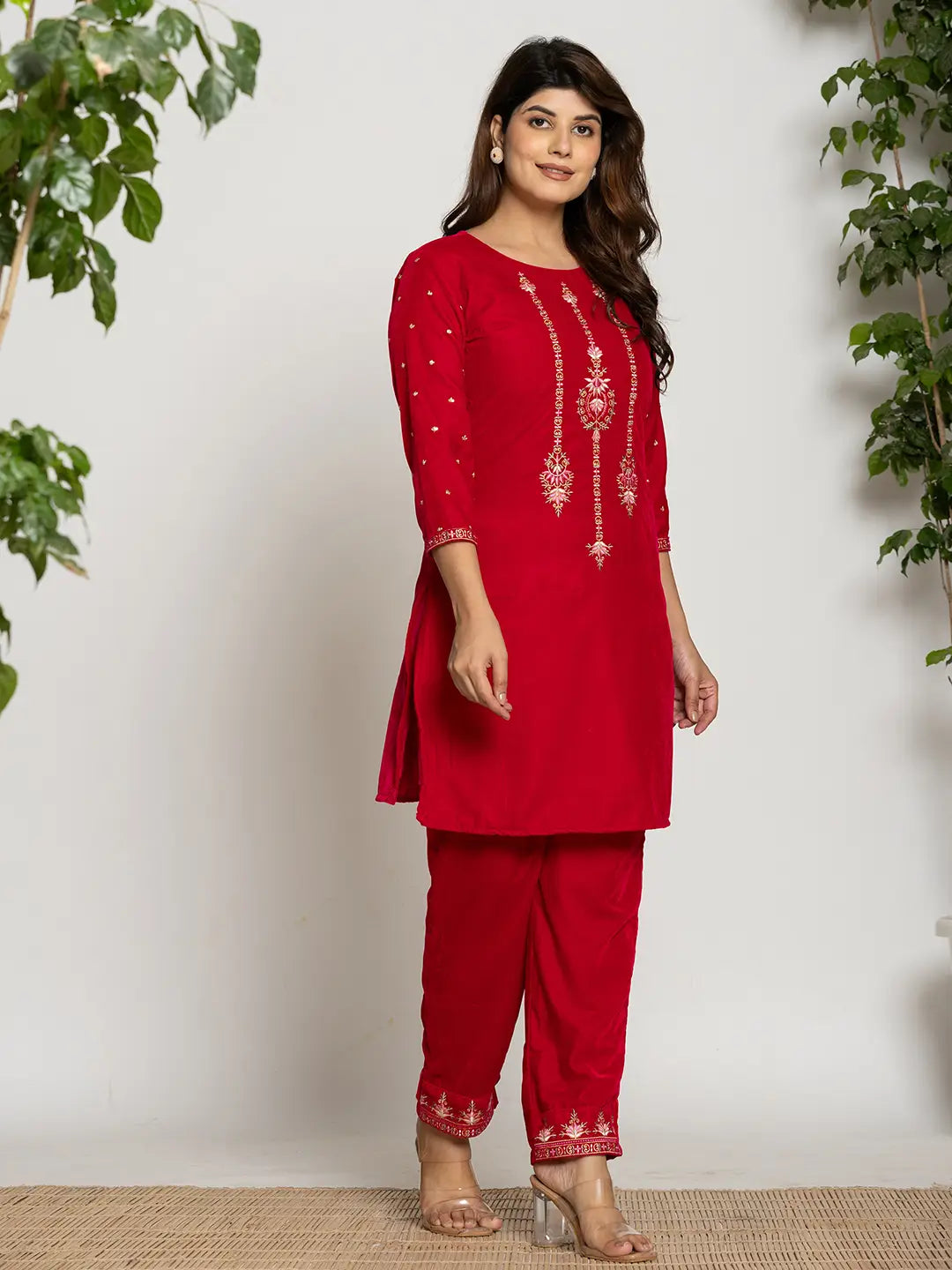 Yufta Pink Velvet Embroidered Co-Ord Set With Cotton Lining - Swadesiicart